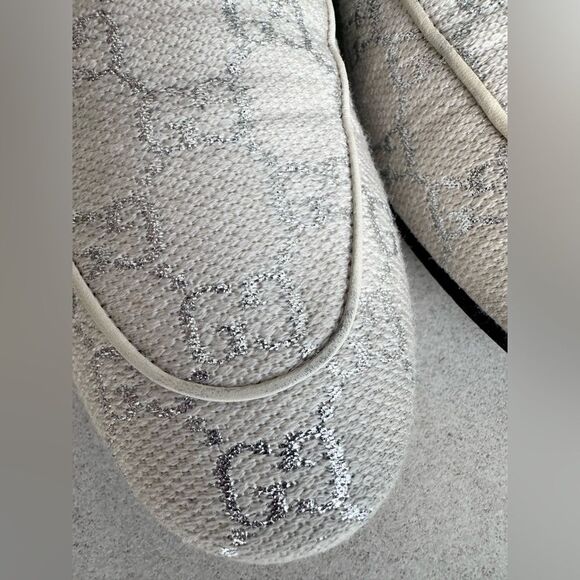 Gucci Jordaan GG Canvas Lame Monogram Loafer Flat in Gardenia Silver EU 39 US 9 - Picture 9 of 13